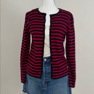 Ann Taylor Red and Black Striped Cardigan